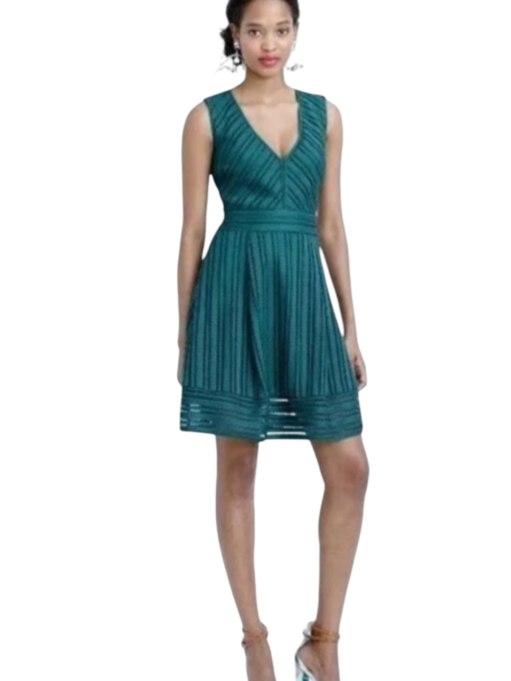 J. Crew Women's Emerald Teal Eyelet Striped A Line V Neck Dress Size 4 Classy